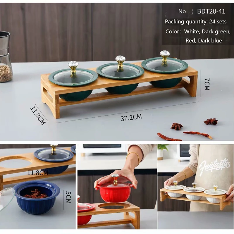 
Candy box Home snack ceramic bowl with glass cover With bamboo and wood brackets 