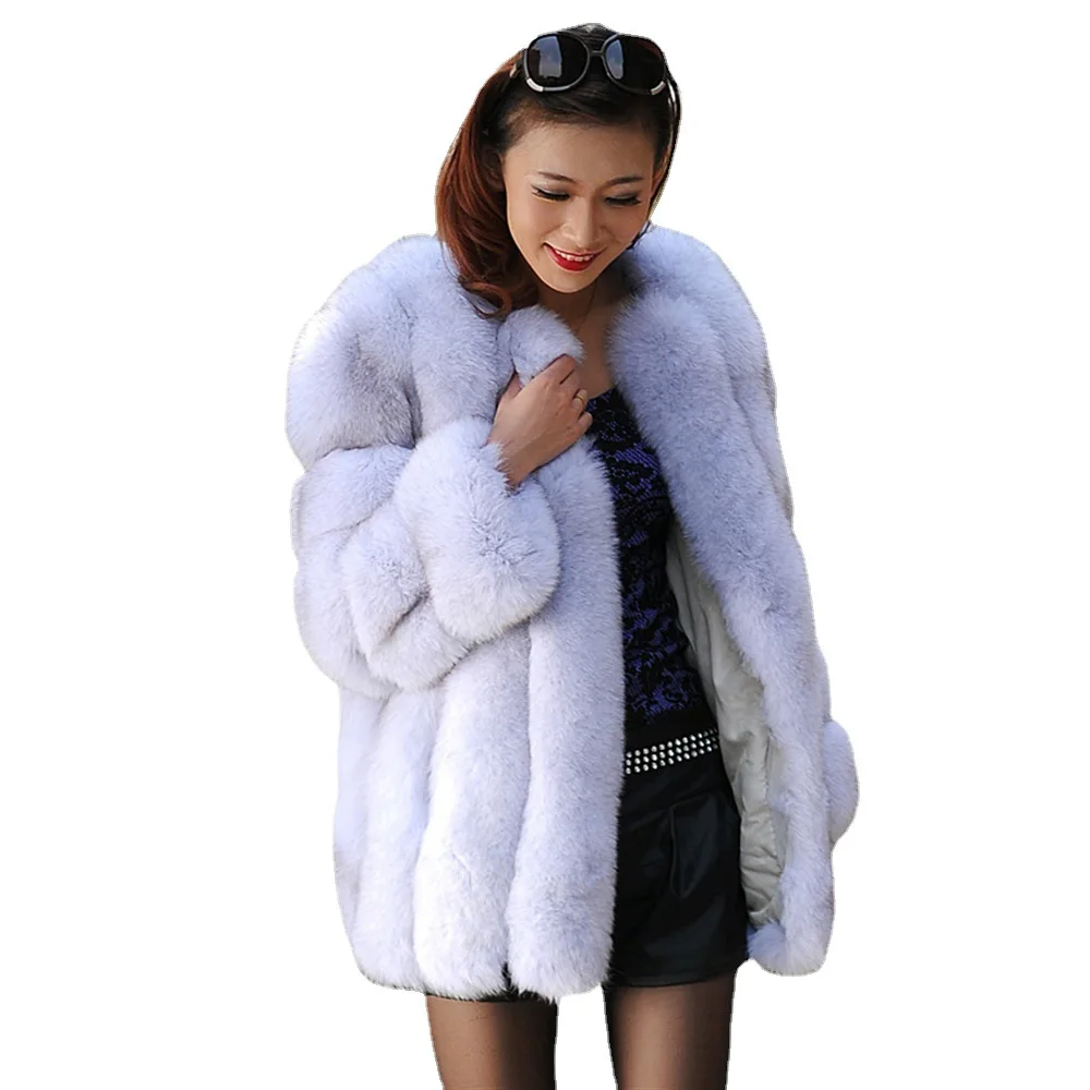 White plain color luxury real fox fur coat round collar women winter fur loose coat