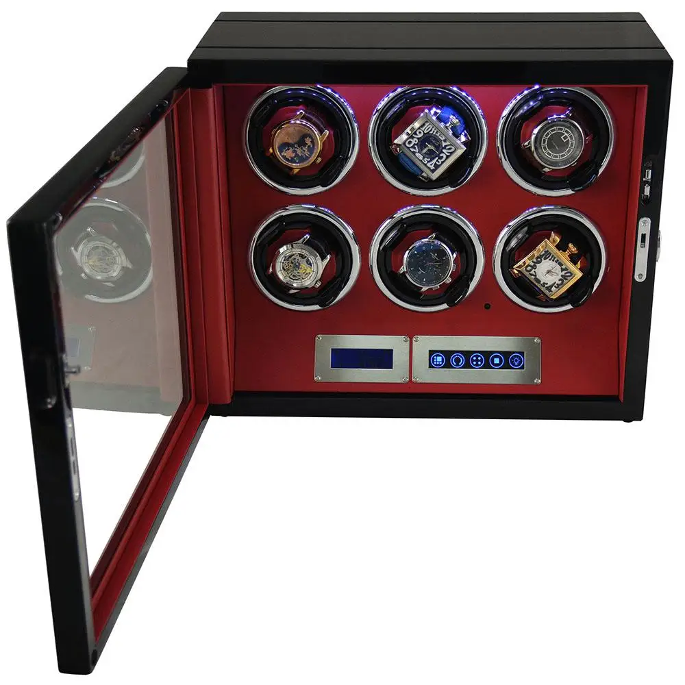 Luxury Automatic Watch Winder Mabuchi mute motor 6 Wood Vertical Rotator with AC Power watch box LED Lights GC03-L21ER-L-AR