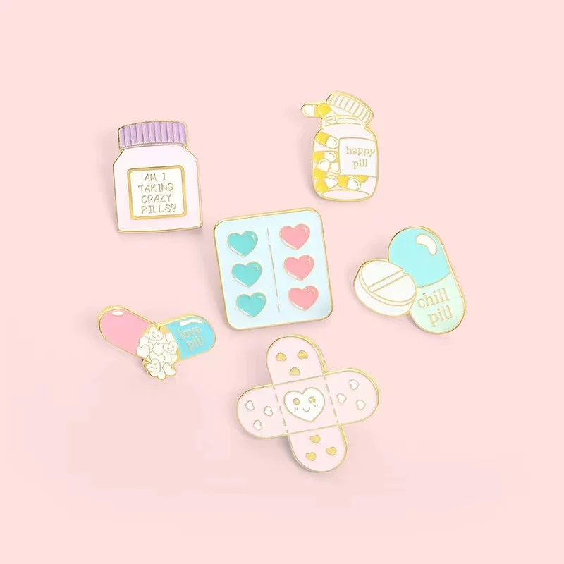 Custom Band Aid Love Happy Crazy Pill Brooch Lapel Badge Cartoon Jewelry Healing Enamel Pins Wholesale