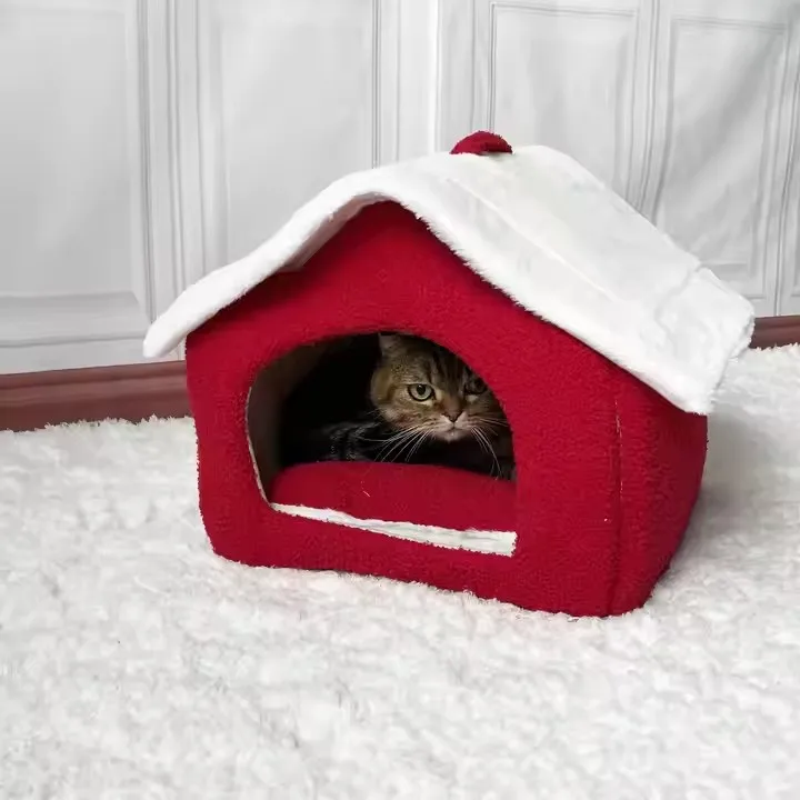 Wholesale removable cat bed house semi-enclosed pet dog cat New design pet bed christmas pet cat bed house