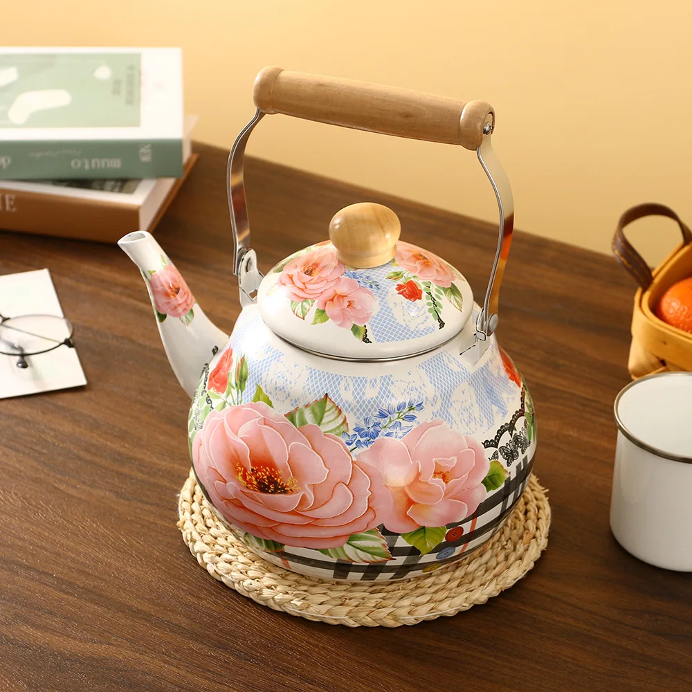 Wooden Handle Enamel Drinkware Good Appearance Coffee Pot Household Teapot Hot Water Kettle for Gas Induction Stove