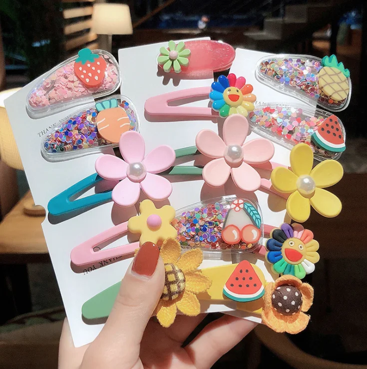 
2021 5Pcs Set Baby Hairpins Cartoon Girls acrylic Hair Clips Colorful PVC Fruit Flowers Transparent Child Hair Clips 