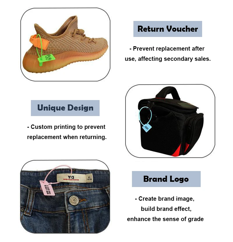 Wholesale Factory Custom Brand Name Logo Hang Tag Anti-theft Clasp Self-locking Disposable PP Plastic Seal For Clothing Shoe Bag