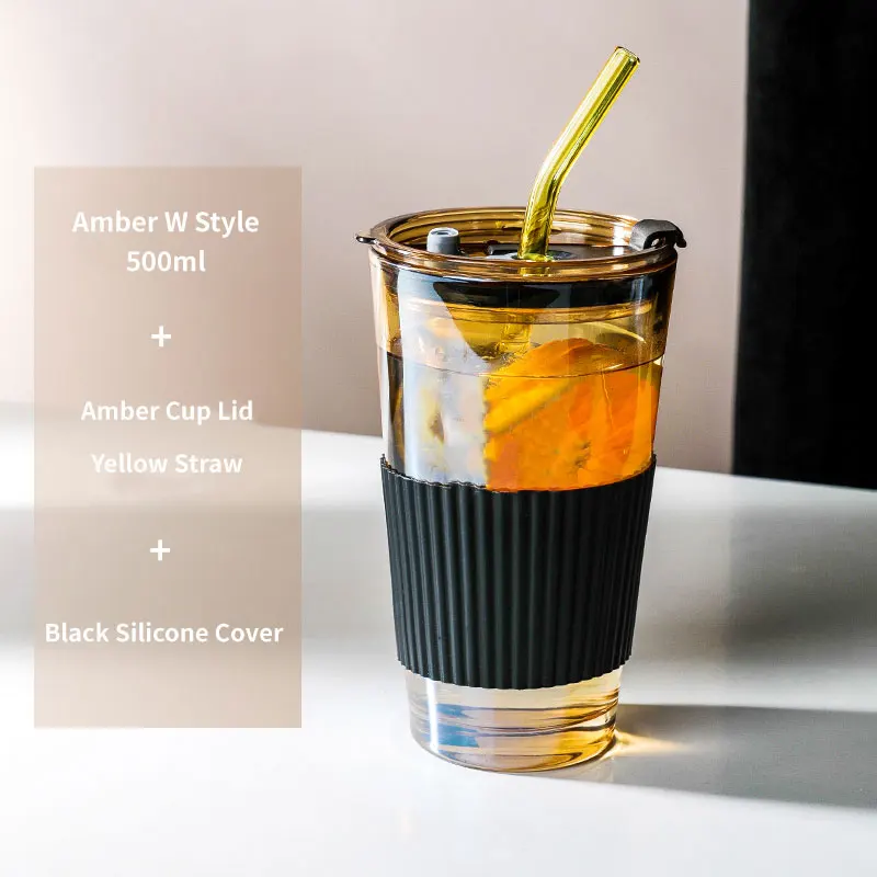 Whole Hot Selling 350ml Amber Glass Water Cup With Glass Straw And Plastic Lid  Silica Gel Sheath Glass Cup Water Beer Mug