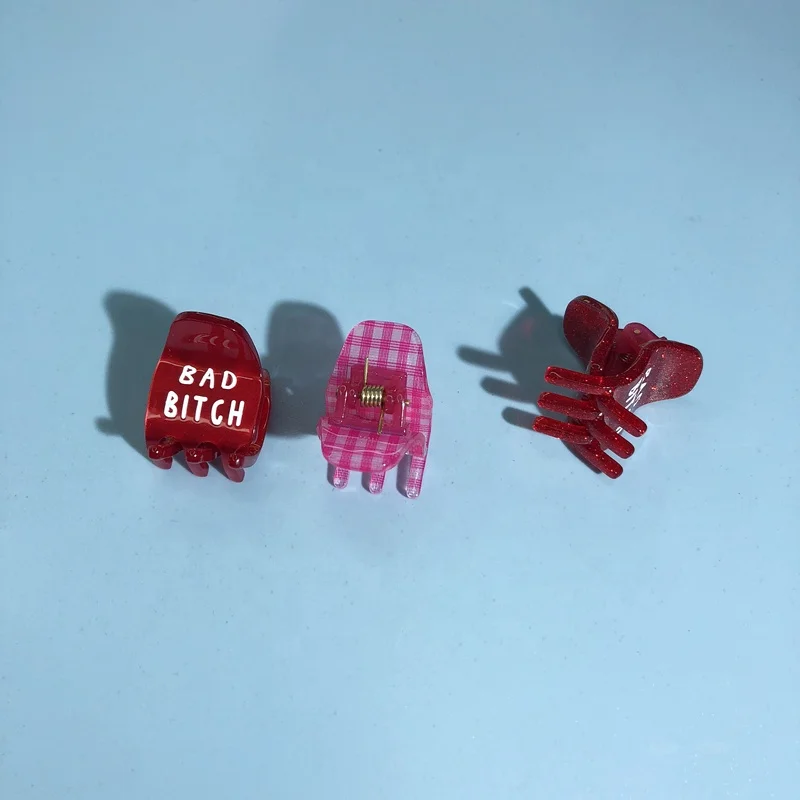 Ins beauty mini plastic acrylic sparkle glitter hair claws clip with letters and cherry crystal sweet hair accessories