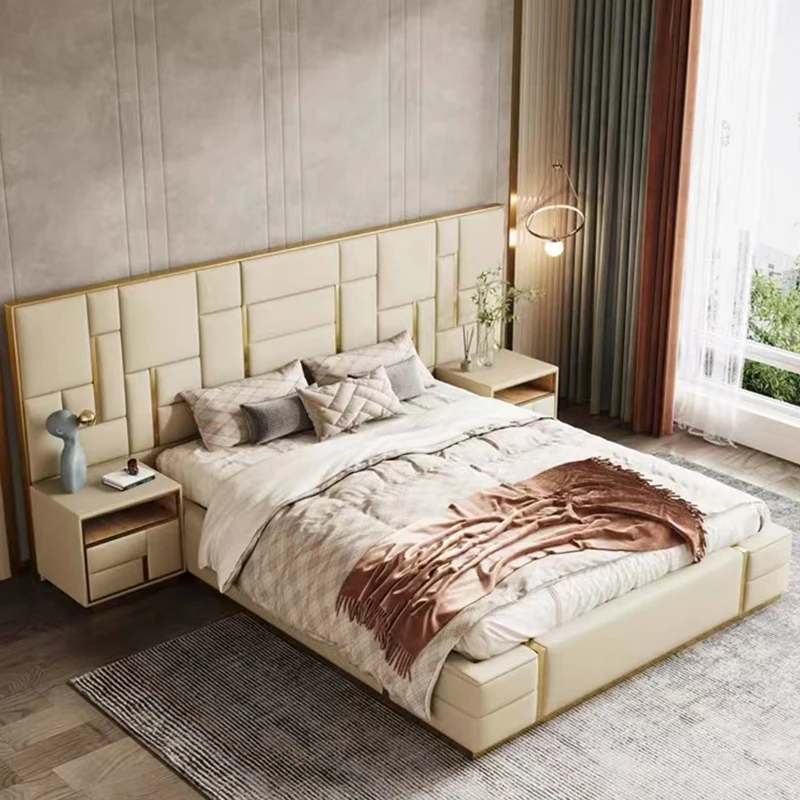 Italian Minimalist Leather Bed Simple Master Bedroom Modern Light Luxury Double Bed High-end Furniture