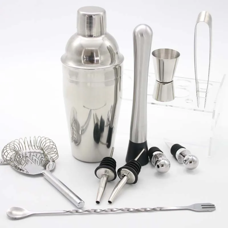  Factory Direct glass barware bartender stainless steel cocktail shaker bar tools set with acrylic frame