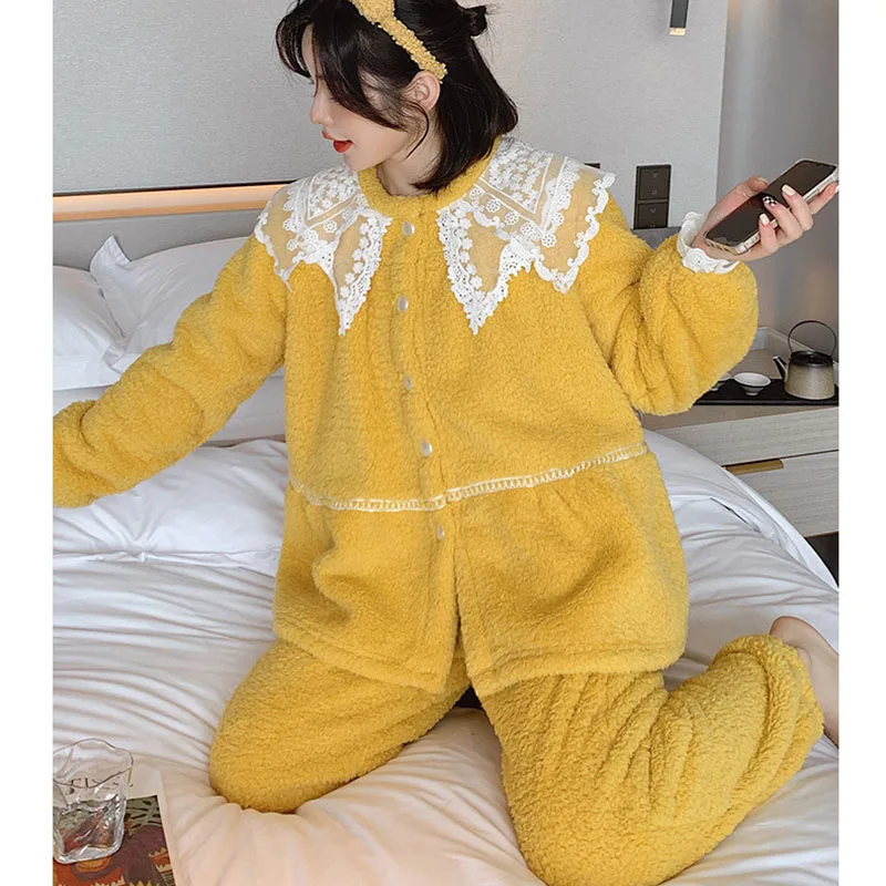 Winter coral fleece lace pajama plus size sleepwear women leisure wear