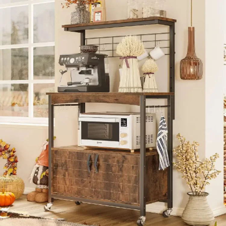 Bakers Racks With Storage Cabinet, Height-Adjustable Microwave Stand For Kitchen With Wheels  Feet Innovative Products
