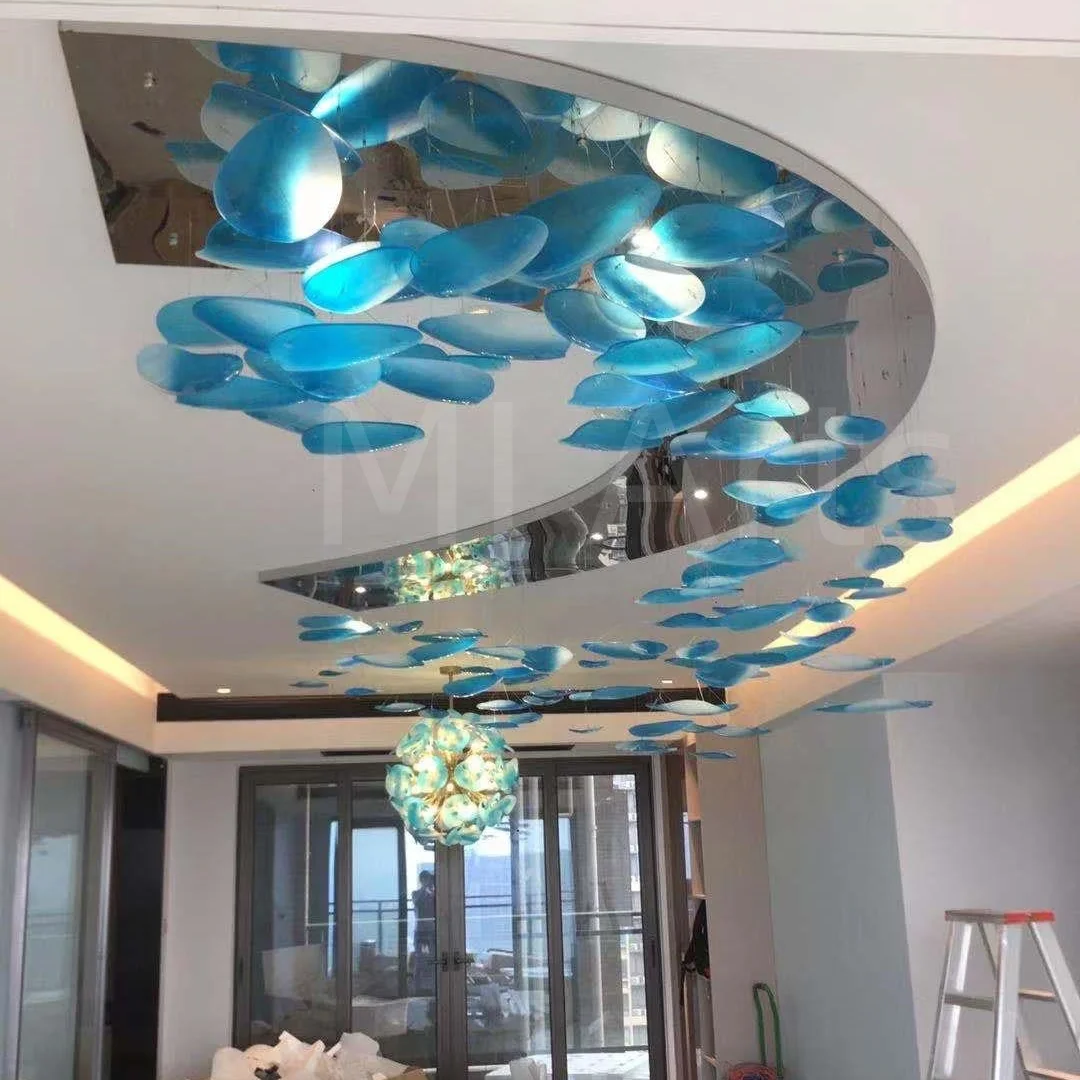 Restaurant hotel ceiling decor Round blue colored glass art pendant ceiling decorative suspension art lamp lighting chandelier