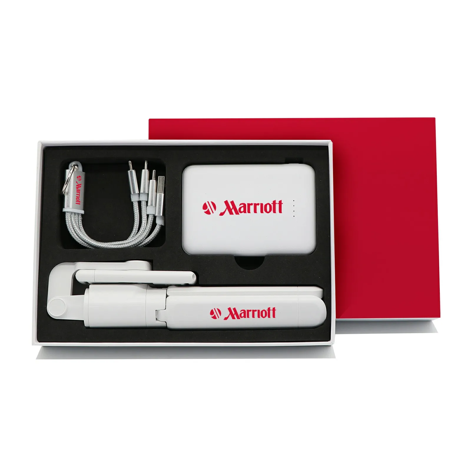 Corporate promotion custom gift box mobile phone accessories set selfie stick 3000mah power bank 3 in 1 charging cable