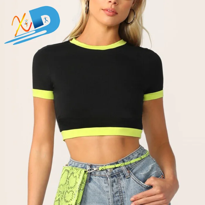 Wholesale Women Online Shopping Neon Ringer Color Block Trim Crop Top T-shirt For Women