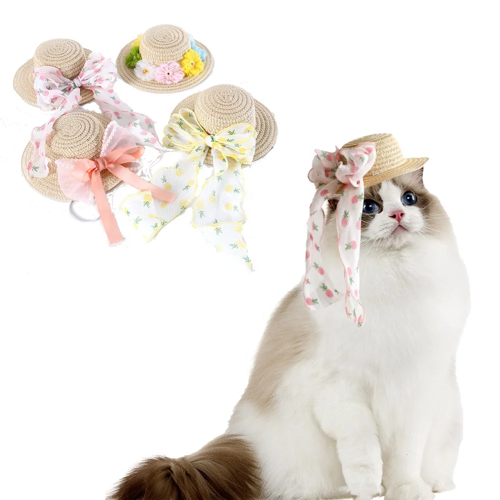 Wholesale Butterfly Knot Cat Dog Party Pet Headwear Accessories Cartoon Pet Straw Hat Cat Dog Hat