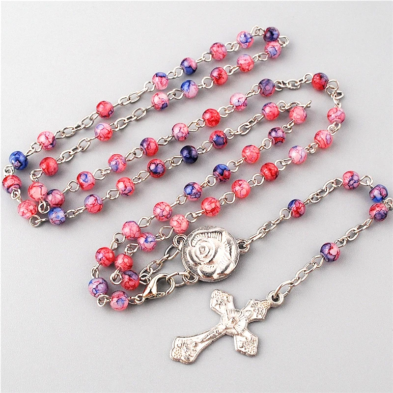 Crucifix Pendant 4mm Glass Imitate Cloisonne Beads Small Rosary Catholic Necklaces with Mini Virgin Mary Center Piece