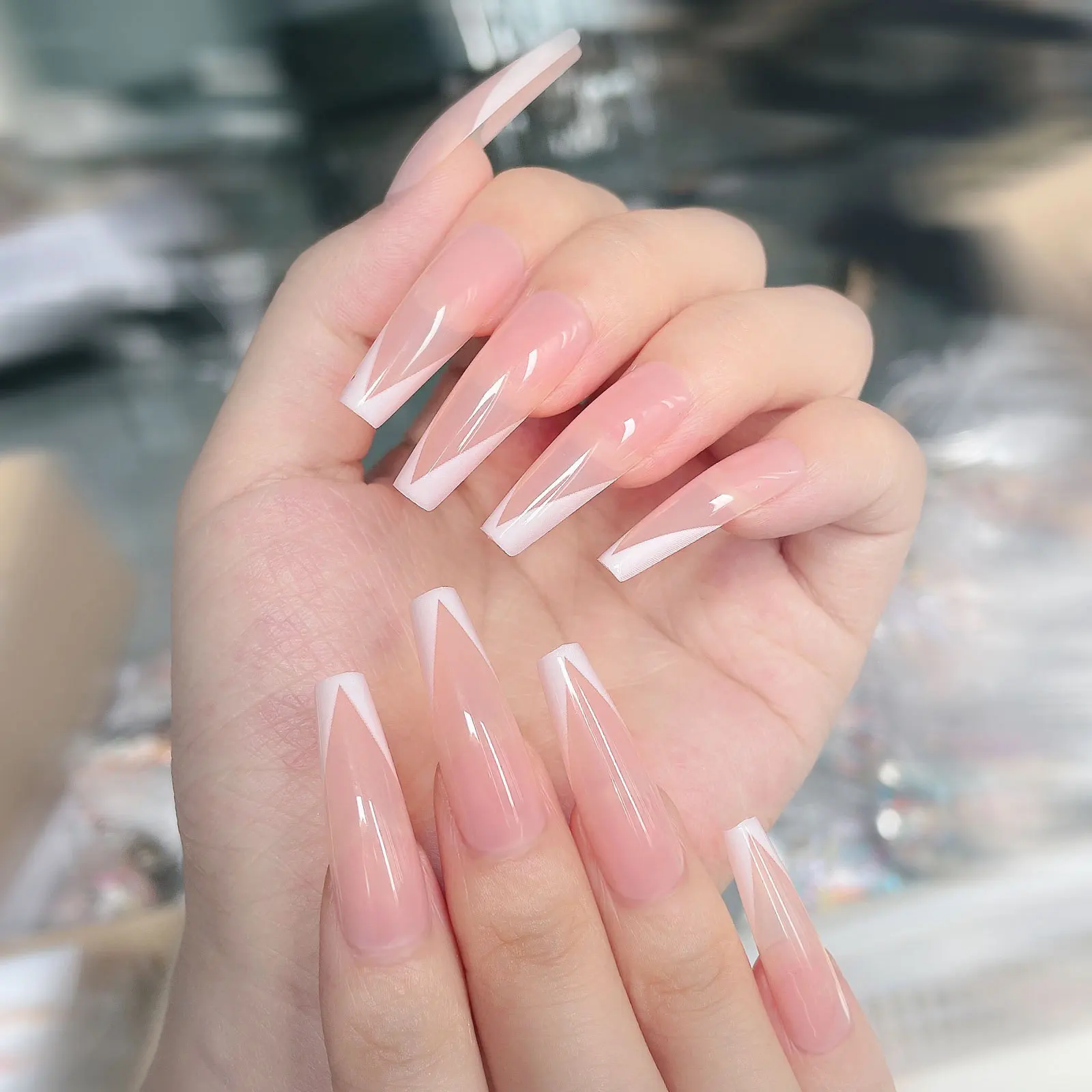 24pcs French Style Artificial Fingernails Meat Pink Transparent Long Ballet Press On Nails Removable Fake Nail Patch