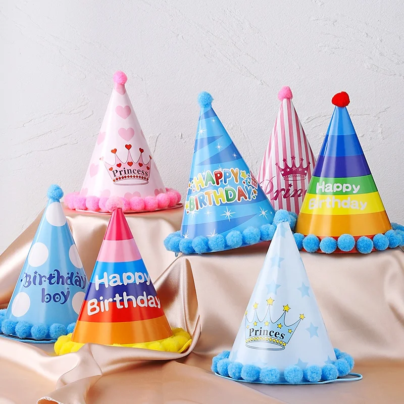 New Product Birthday Party Supplies Kids Birthday Paper Cone Hat With Pom Poms Birthday party hat party cone hat