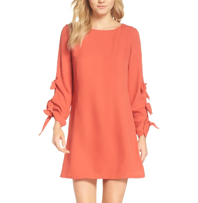 Bow tie gathered sleeve women lady elegant dresses casual