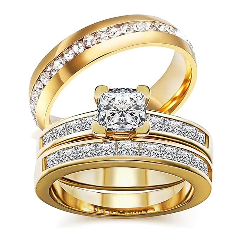 Custom TWO Rings Sets 10k Zircon Promise Couple Bridal Women Square Man Stainless Steel Engagement Finished Wedding Rings Bands