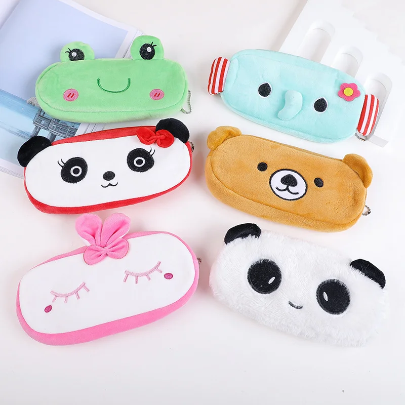 Free Shipping Cartoon Animal Shape Furry Pencil Case Beautiful Cute Plush Pencil Pouch Bags For Kids Teenager Girls