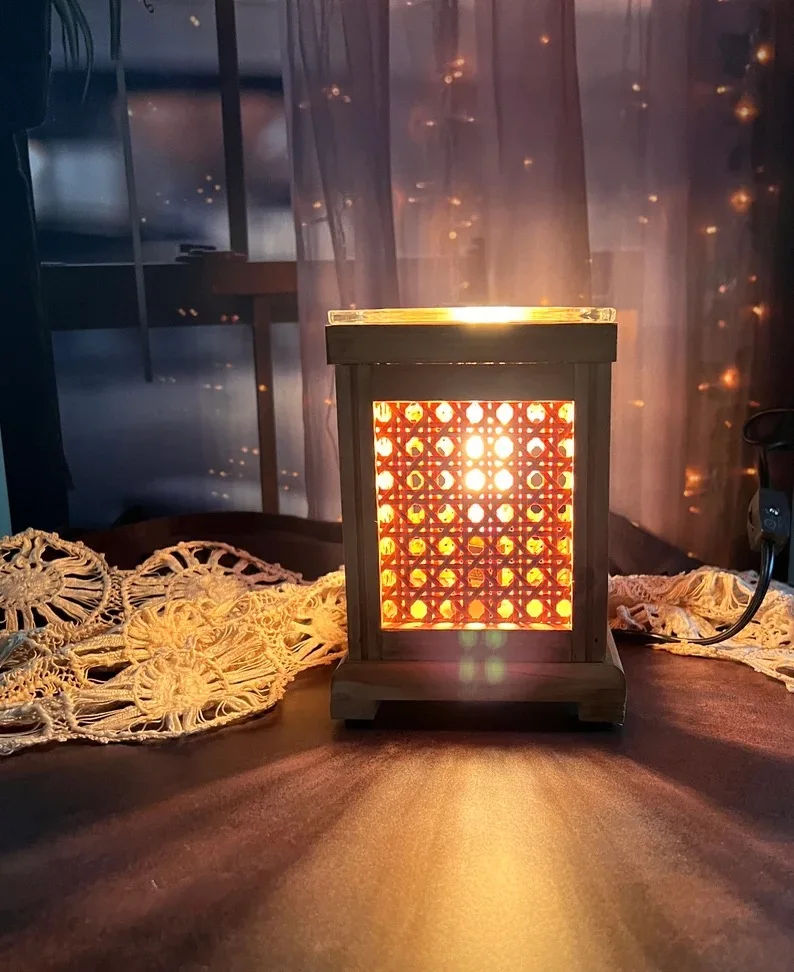 Wax Warmer Gift Set- Vintage style wood and wicker caned wax melt set