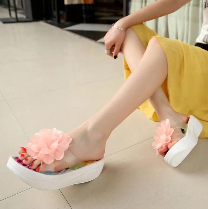 cy30487a Summer thick sole high heel flower slippers for women shoes wholesale stylish home slippers