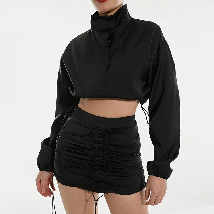 Long Sleeve Crop Tops Outfits Black Mini Short Sexy Wrap Satin Skirts Plus Size Sexy Women Skirt Two Piece Sets
