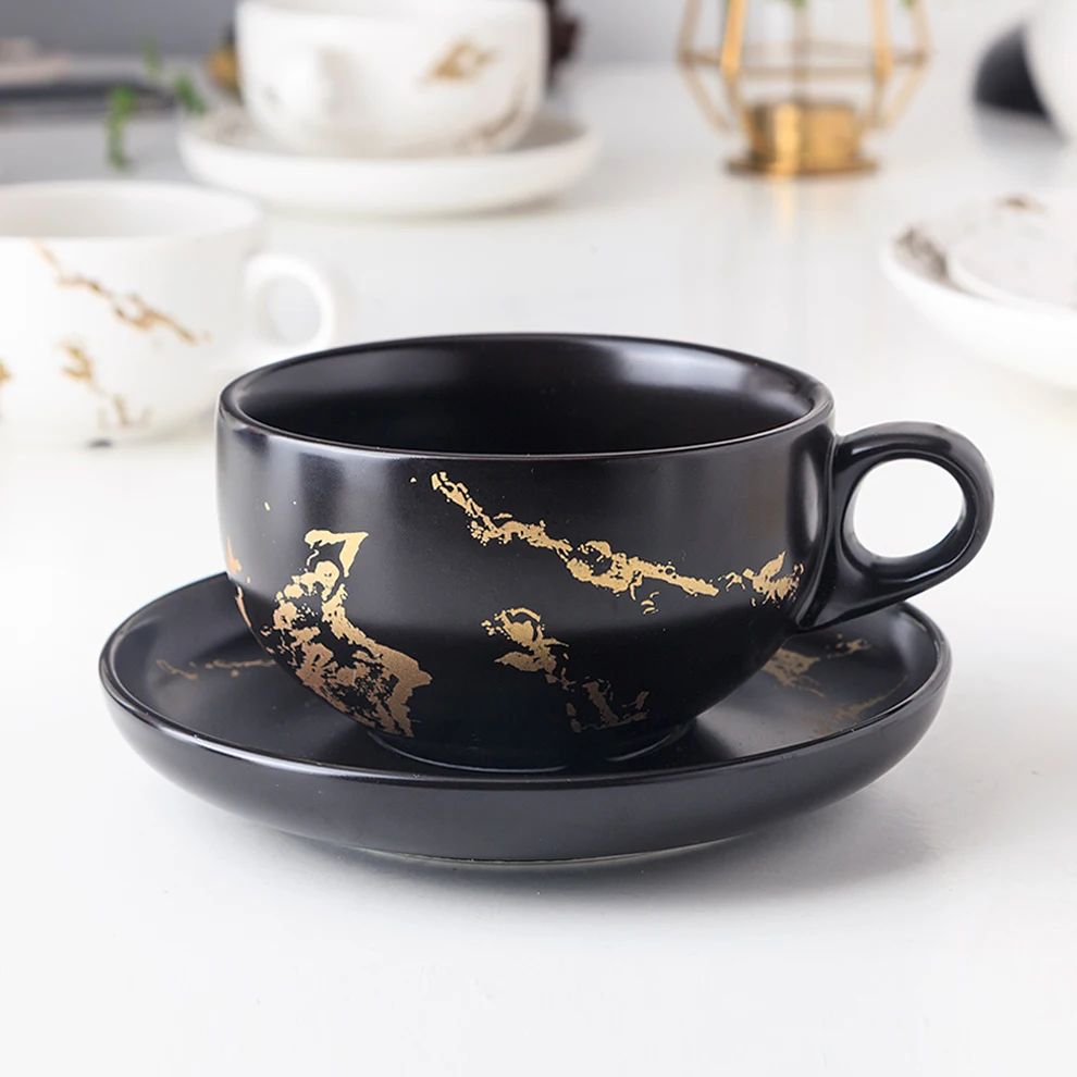 ShengJing Elegant Nordic Gold Marble White Black Ceramic Coffee Cafe Tea Drinkware Cup and Saucer Set