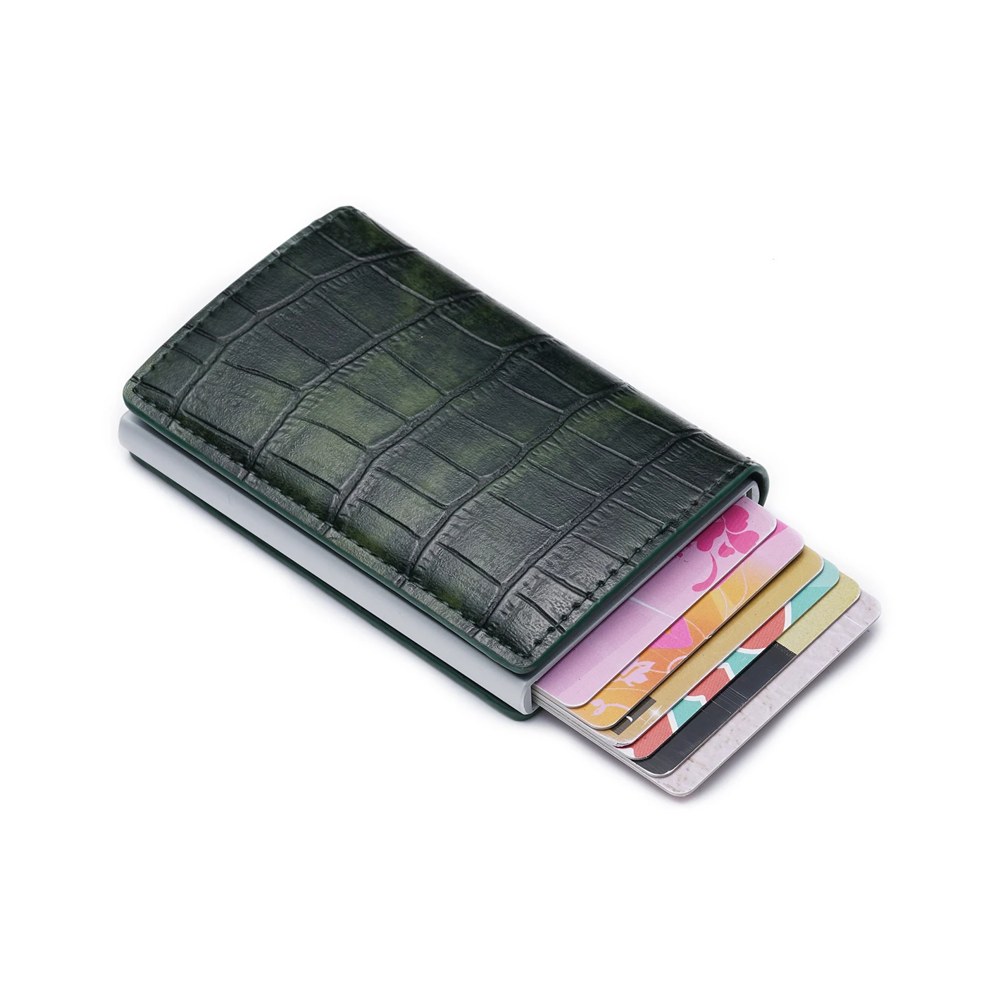 
Amazon Hot Selling Ultra Thin Crocodile Pattern Automatic Pop up Slim Aluminum Alloy Mens RFID Credit Card Holder Wallet 