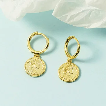 New Trend 925 Sterling Silver 18K Gold Plated Zircon Setting Evil Eye Coin Pendant Charm Drop Hoop Earrings