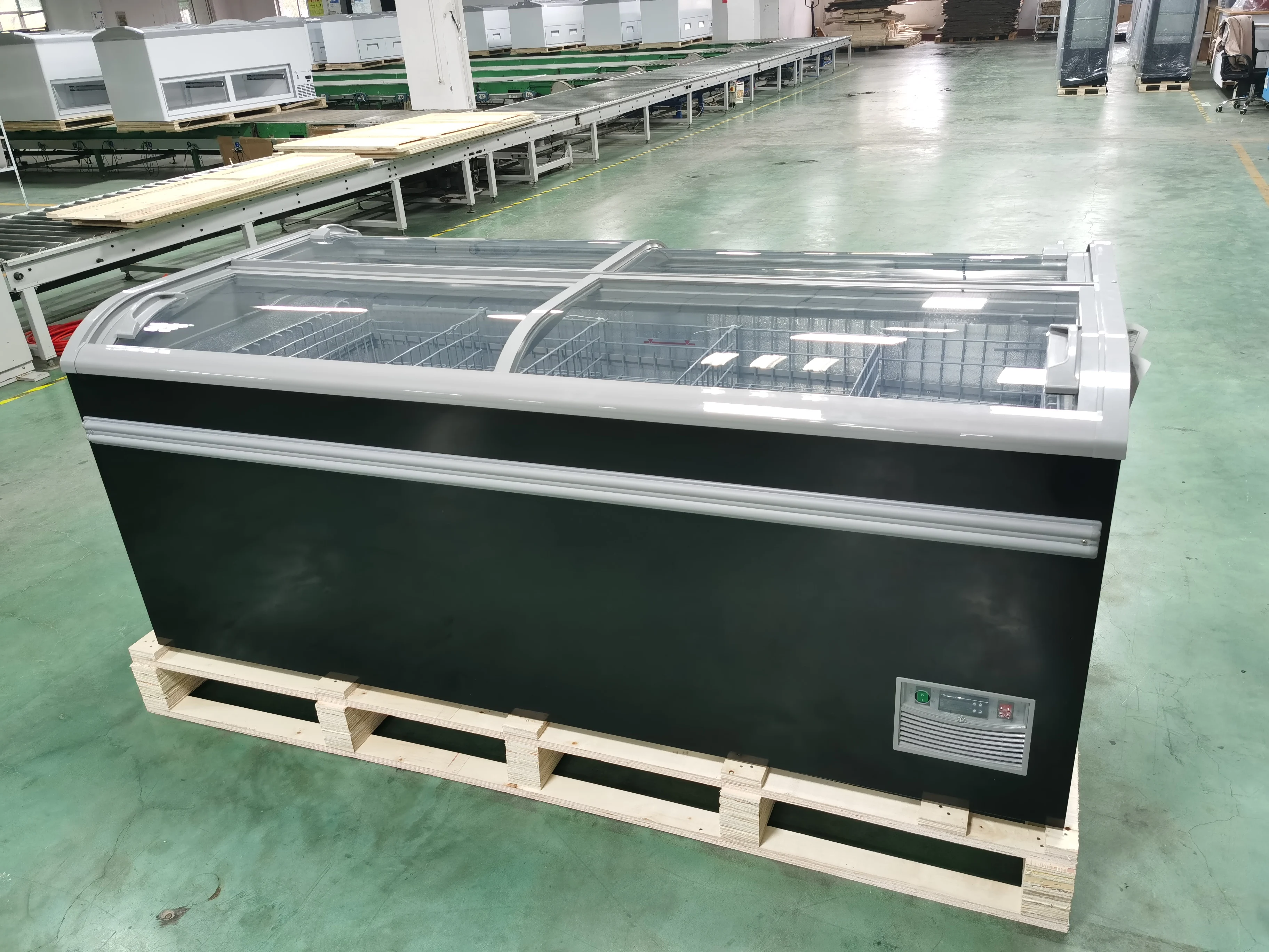 Kenkuhl 1000L double sides sliding curved commercial chest glass top deep ice cream freezer commercial