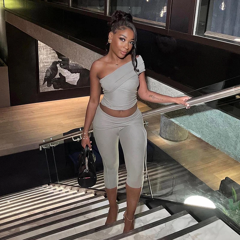 Bomblook R23ST234 Simple Solid Outfits One Shoulder Crop Top With Shorts Spring 2024 Women Clothes Two Pieces Sets