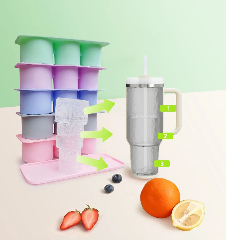 Wholesale  Ice Tray Tumbler Cup 30Oz-40Oz 3Pcs Silicone Cylinder Ice Mold With Lid and Bin for Freezer