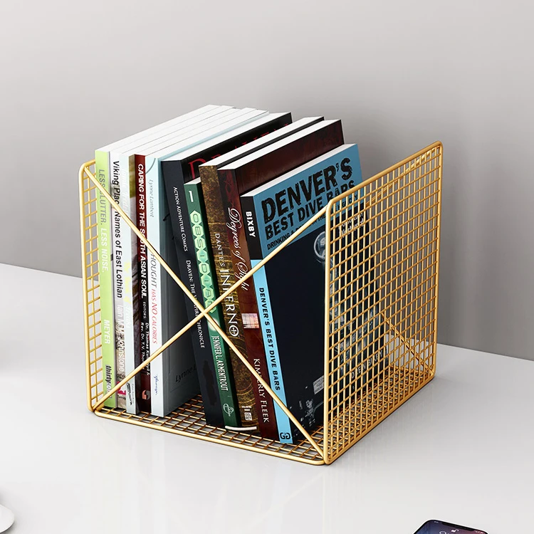 Office desktop countertop metal iron gold black white luxury iron magazine book storage organizer holder rack stand for book