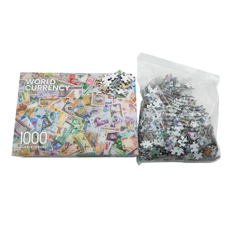 Custom Printing Jigsaw Puzzle Waterproof Bag Adult 1000 Pieces World Currency Toy Puzzle Paper Kids Games Unisex Provide