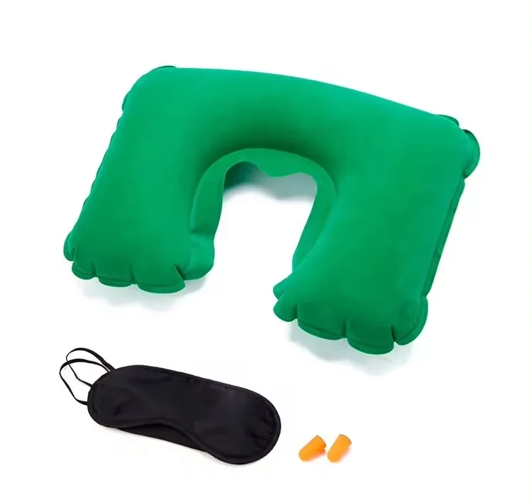 1 Set 3 in1 Travel U-shaped Pillow Flocking travel set Inflatable Neck Air Cushion Pillow Eyeshade with Ear Plug