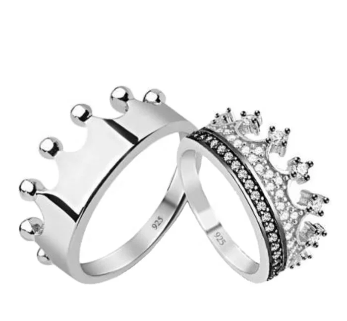 King queen crown ring 925 silver jewelry ring set custom gold hip hop jewelry crown ring