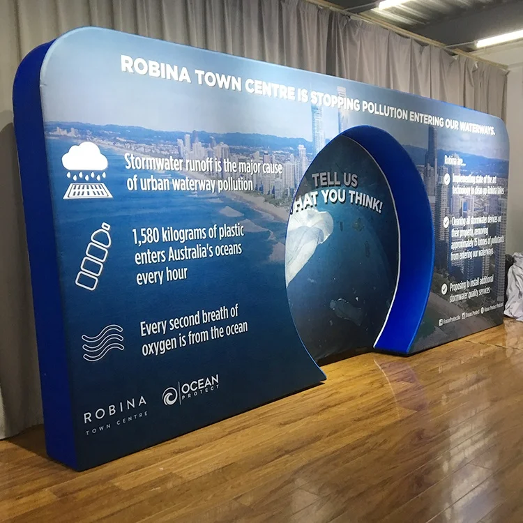 Morden trade show fabric round advertising tension fabric double side print 3D moon display wall custom logo backdrop banners