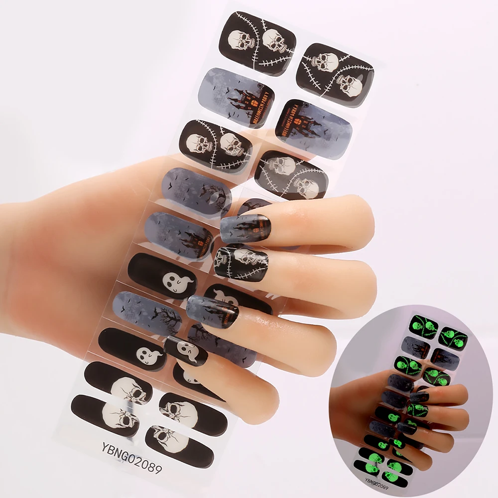 BIN Halloween Style UV Semi-cured Gel Nail Wraps Full Cover Nail Art Stickers 20pcs Gel Strips
