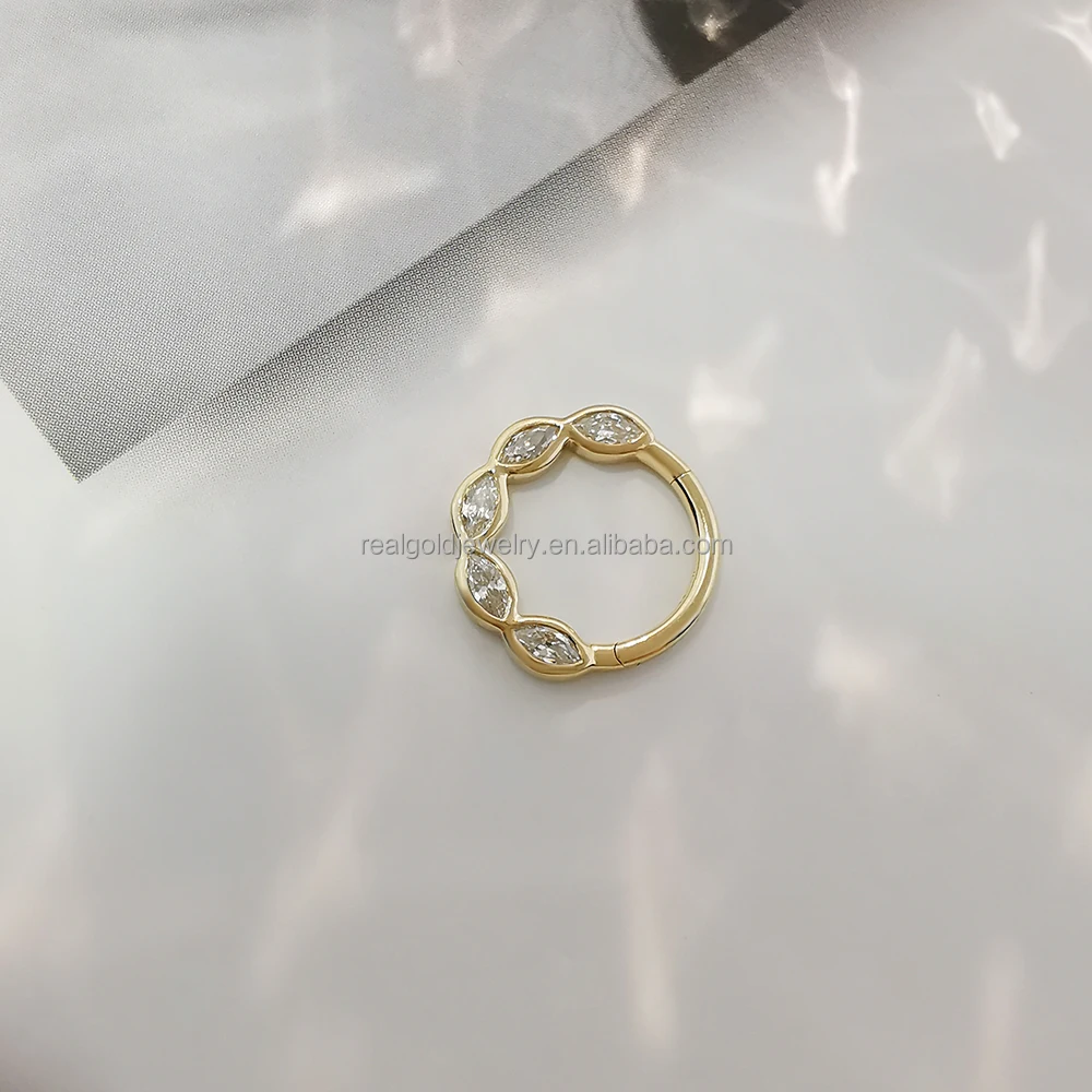 AU585 14k Solid Yellow Gold Body Jewelry Classic Unisex Cartilage Earrings Cute Zircon Fine Septum Nose Ring