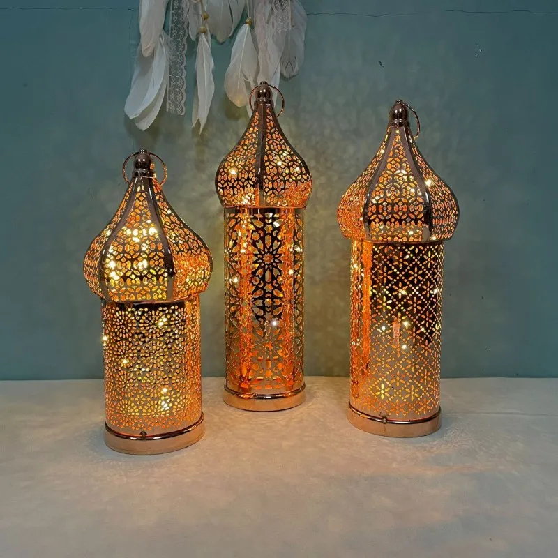 New Moroccan Retro Hollow Led Wind Lamp White Iron Lantern Hotel Home Bedroom Living Room Atmosphere Ramadan Decorative Lamp