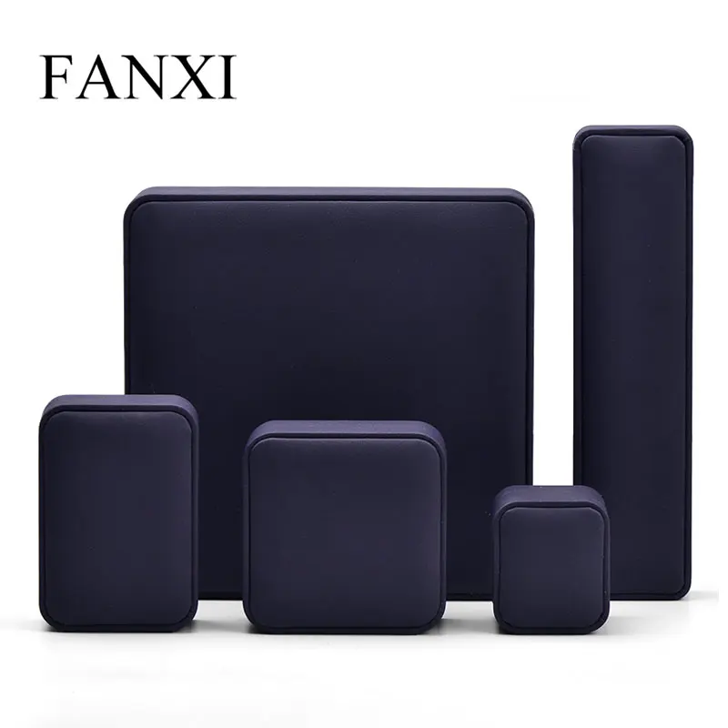  FANXI оптовая продажа новая роскошная темно-синяя коробка для ювелирных изделий из искусственной кожи с микрофиброй внутри подарочный набор упаковочные