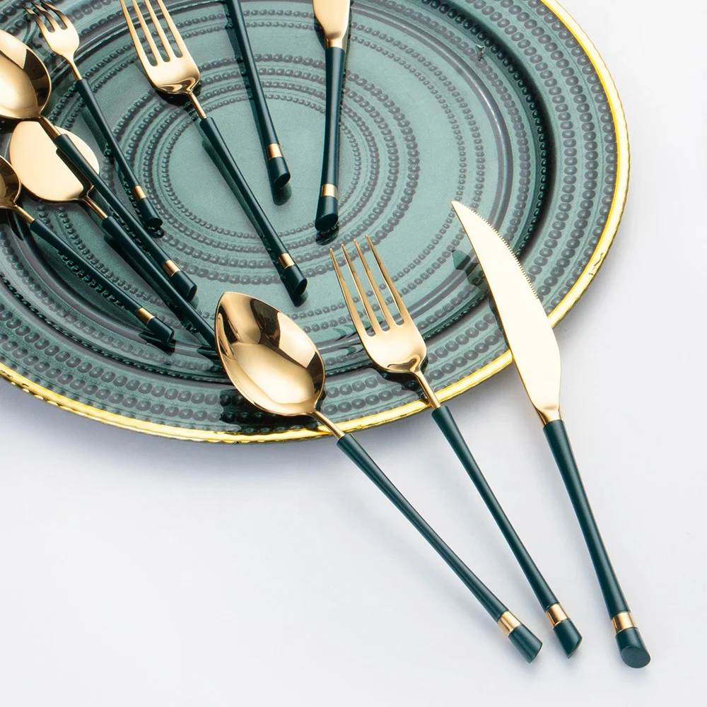 Wedding Plating green Handle Gold Flatware Sets Knife Fork And Spoon green and gold cutlery set manufacturers Flatware Cutlery
