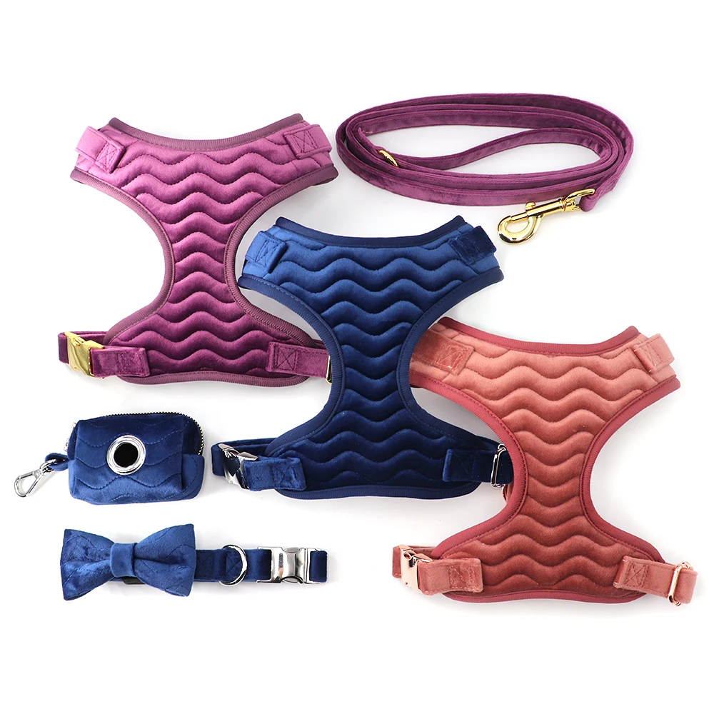 2024 Custom Colors and Patterns Velvet Dog Harness Set with Rose Gold Metal Buckles suit for Puppy Dog