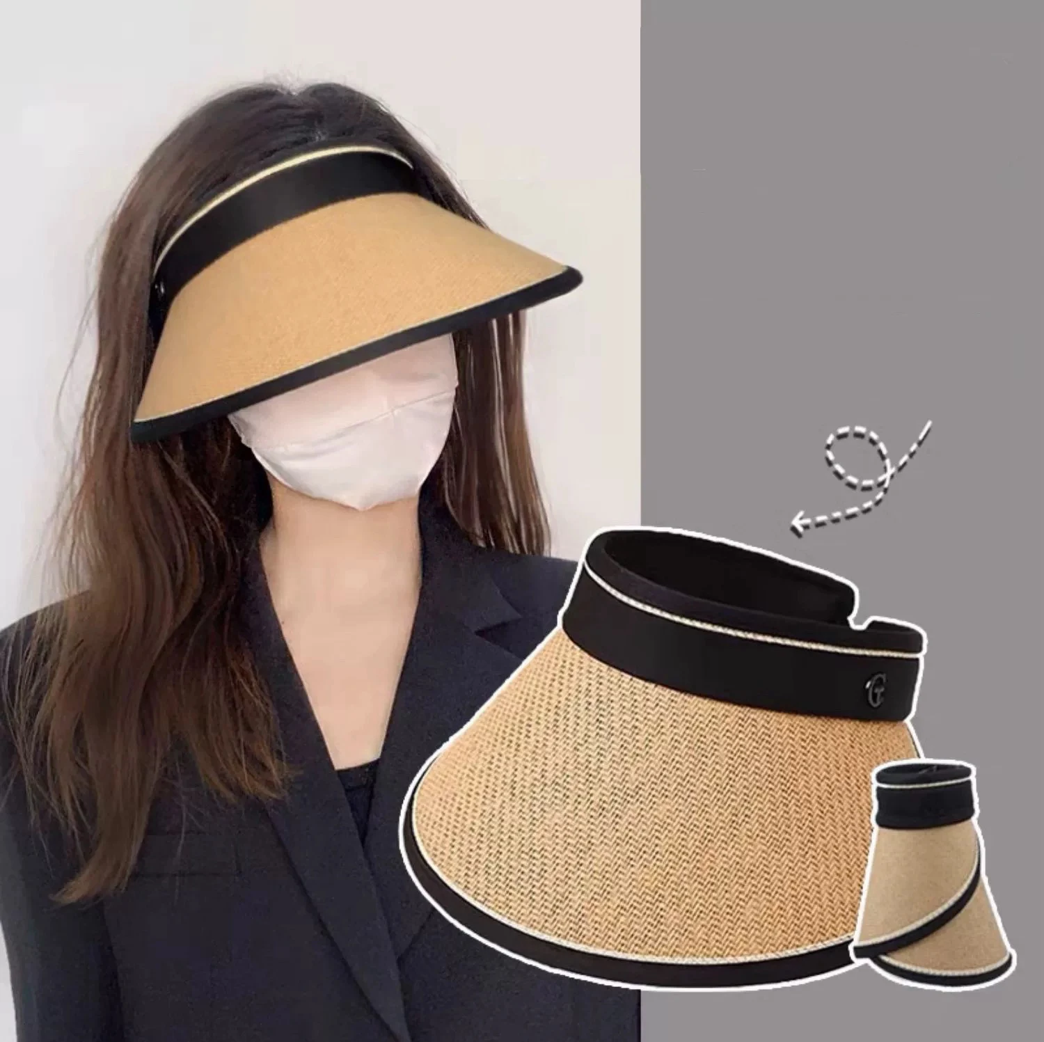 BSM392 Custom Made Pp Straw Hat For Women Designer Korean Foldable Open Top Sunscreen Wide Brim Uv Sun Visor Bucket Hats And Cap