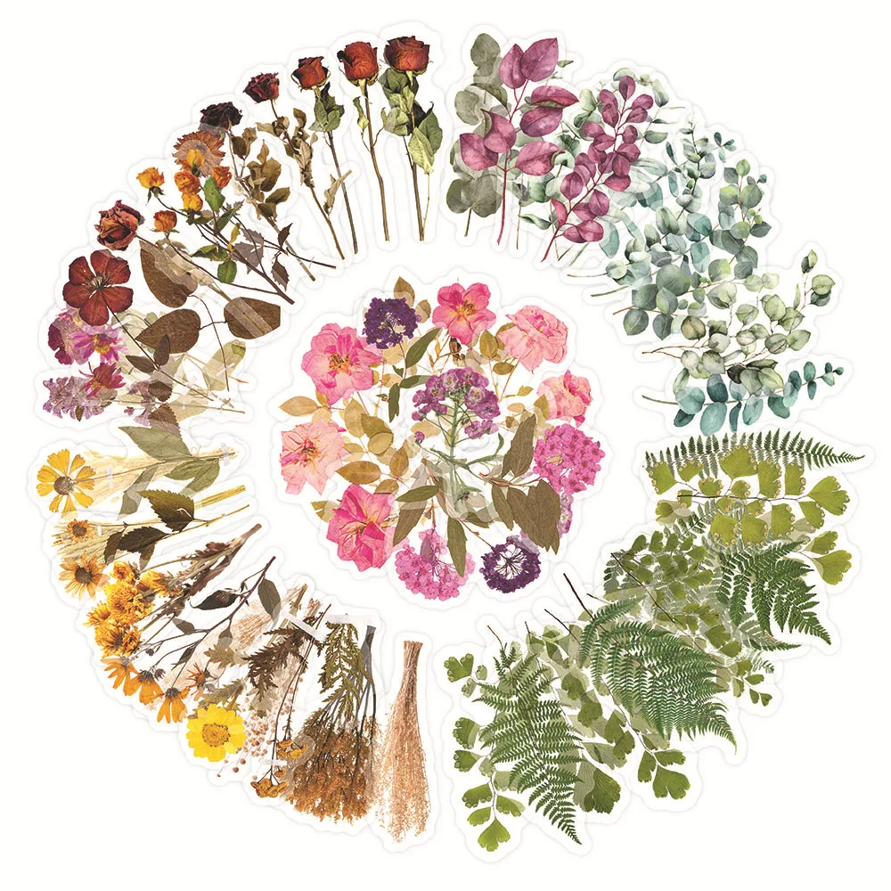 Vintage PET Transparent Flower Sticker Bag Creative Handbook DIY Plant Stickers 12 pieces