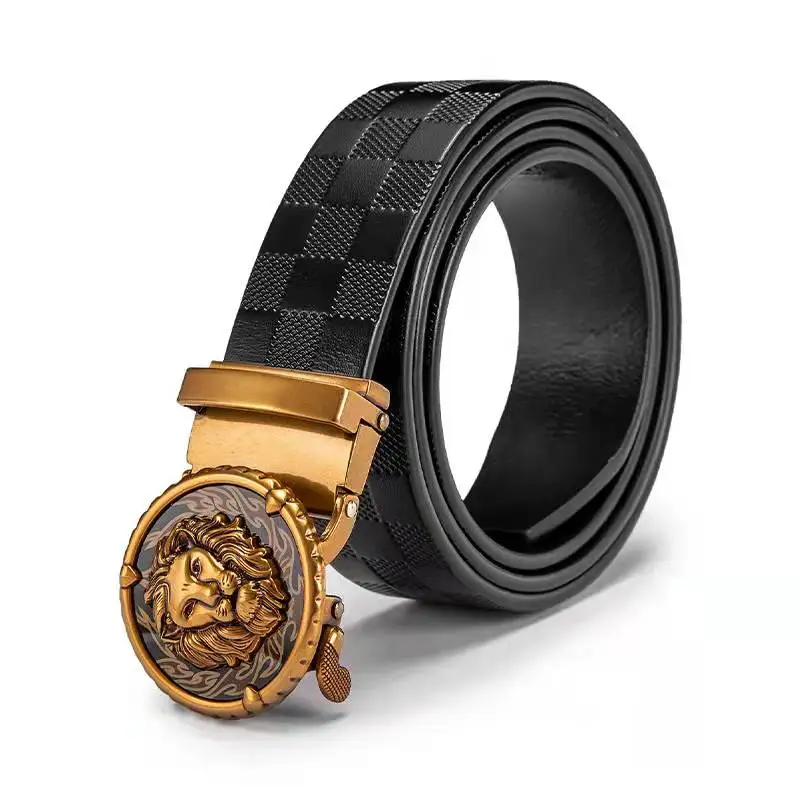 customized leather belt with lion head buckle