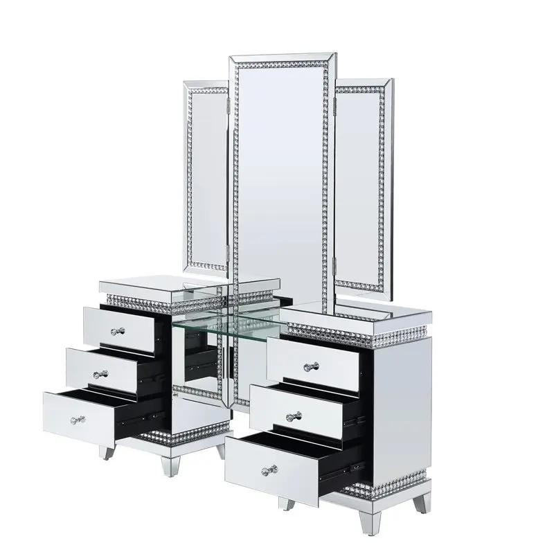 Best seller bedroom furniture mirrored and faux crystal vanity table with LED