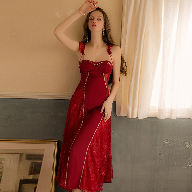 New hot sexy French sleepwear women padded chest silky satin floral lace long nightgown gr3388