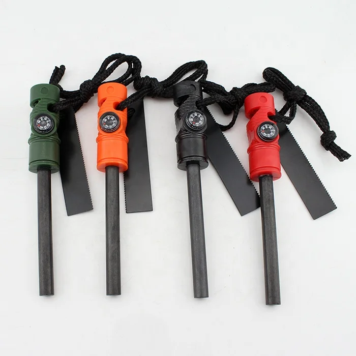 Survival feuerstahl kit flint scraper compass whistle 5-in-1 fire starter for camping hiking
